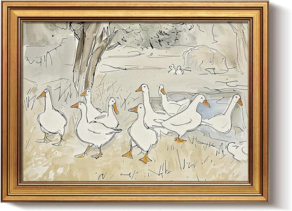 Bzstyleart Vintage Wall Art Decor for Living Room, Gold Framed Canvas Wall Decor Duck Painting Vintage Home Decor Aesthetic, Canvas Animal Prints, 12 x 16 Inch