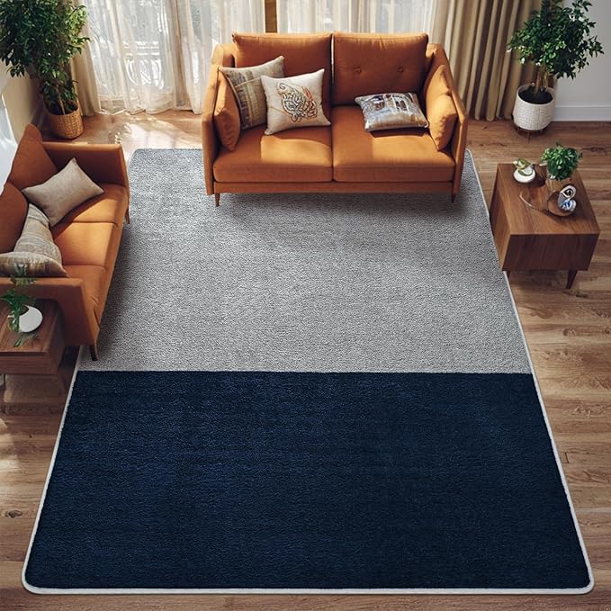 Rugs for Bedroom Living Room, 4x6 ft Grey Navy Blue Area Rug, Washable Memory Foam Non-Slip Carpet, Modern Minimalist Indoor Carpets for Boys Girls Kitchen Home Decor