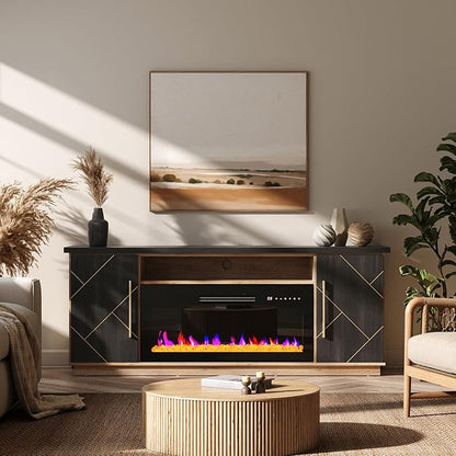 BELLEZE 68“ Fireplace TV Stand for TV's Up to 75", Elegant Entertainment Center with 36" Electric Fireplace Heater, Storage Media Console with Drawers & Open Shelves for Living Room (Espresso Black)