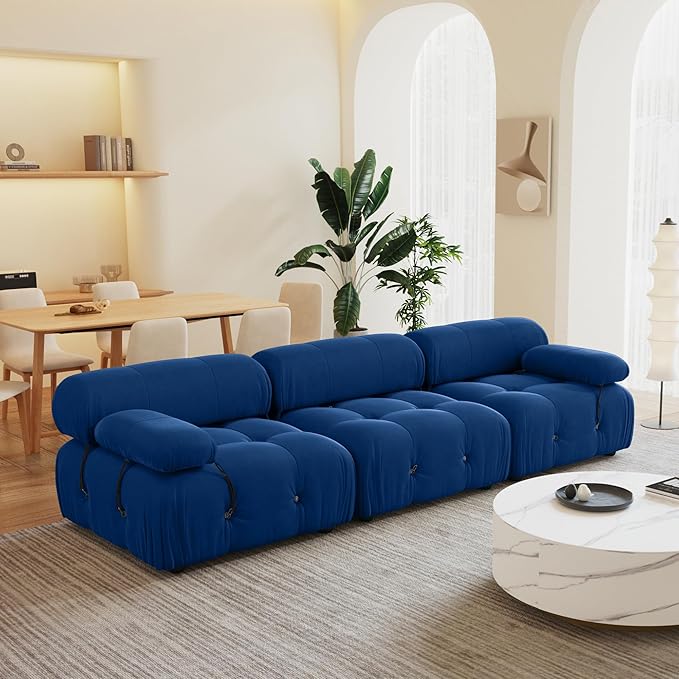 104'' Modular Sectional Sofa, Modern Luxury Velvet Bubble Couch, Deep Seat Cloud Sectional Couches for Living Room, Apartment (3 Seats, Blue)