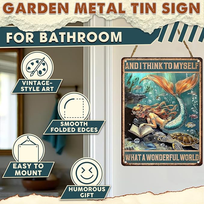 Mermaid Wall Decor Vintage Metal Tin Sign Wonderful World Poster Funny Home Cave Bar Decor 12x16inch