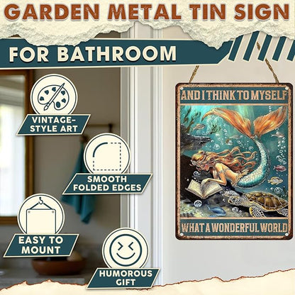 Mermaid Wall Decor Vintage Metal Tin Sign Wonderful World Poster Funny Home Cave Bar Decor 12x16inch