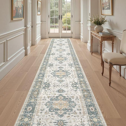 EIEIHOUSE Washable 2.6x14 Runner Rug - Area Rugs Neutral Vintage Distressed Floral Farmhouse Boho Large Soft Floor Rug Indoor Carpet for Hallway Entryway Home - Green/Grey