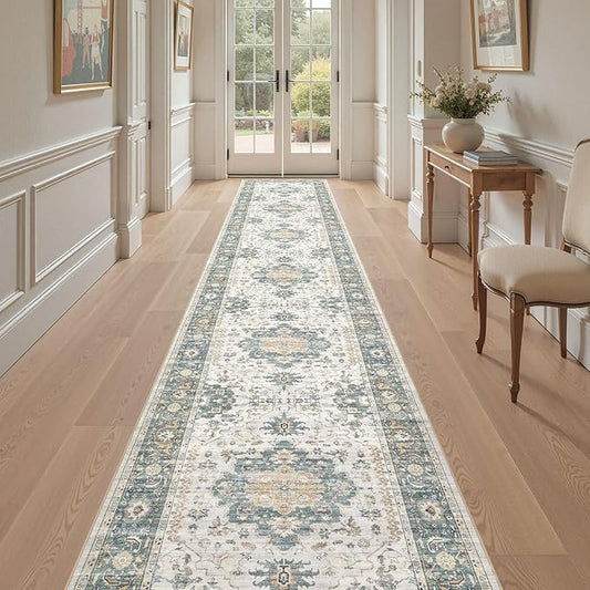 EIEIHOUSE Washable 2.6x14 Runner Rug - Area Rugs Neutral Vintage Distressed Floral Farmhouse Boho Large Soft Floor Rug Indoor Carpet for Hallway Entryway Home - Green/Grey