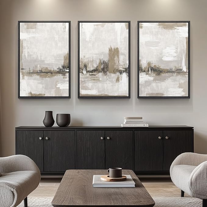Large Framed Neutral Abstract Wall Art for Living Room, 3 Piece Brown Beige Canvas Artwork for Walls, Modern Minimalist Abstract Prints Paintings Pictures for Hallway Home Office Wall Decor, 24x36 In