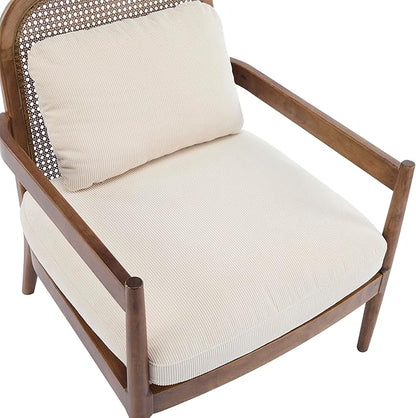 Christopher Knight Home Nadine Wooden Club Chairs Set of 2, Club Chair, Rattan Open Back Armchair, Accent Reading Sofa Chair with Cushions, Accent Chairs Set for Living Room Bedroom, Beige Stripe