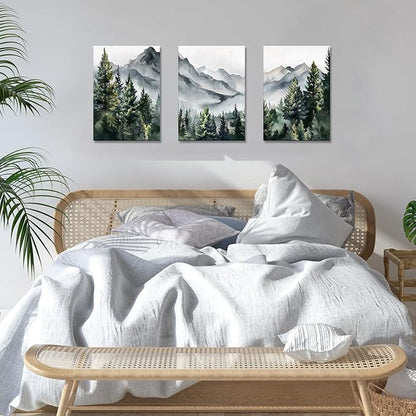 WANGTIAO 3 Panels Framed Canvas Wall Art for Living Room, Abstract Mountain Forest Views Ink Wall Decor for Dedroom Office Wall Paintings Green Landscape Art Prints Pictures Ready to Hang 16"x24"x3