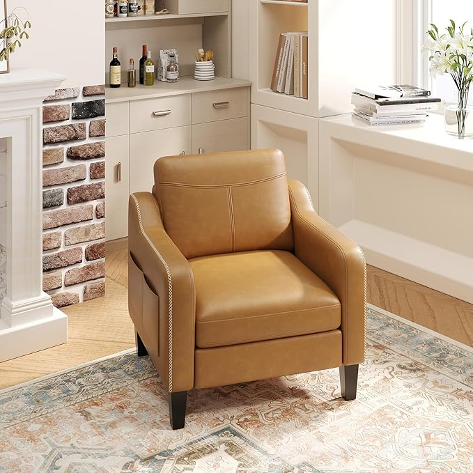 MALOL PU Leather Accent Chair Set of 2, Mid-Century Modern Living Room Armchair Sofa with Removable Cushions, Solid Wood Frame & Stitched Armrest Design, Bedroom Chair with Plastic Legs, Brown
