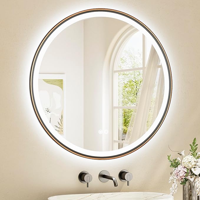TETOTE Round Led Oil Rubbed Bronze Bathroom Mirror 30 Inch Circle Round Lighted Vanity Mirror with Lights for Bathroom Wall, 3 Color Stepless Dimmable, Anti Fog, Shatterproof, CRI 90+