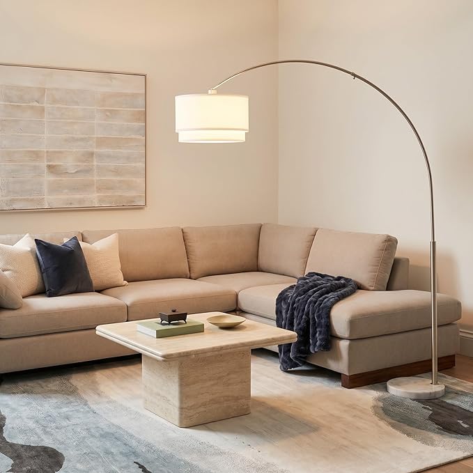 Brightech Mason Arc Floor Lamp - Modern Corner Standing Lamp with Unique Hanging Drum Lamp Shade for Living Room - Bright Overhead, Curved Hanging Light for Bedroom. Library, Den - Nickel