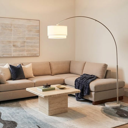 Brightech Mason Arc Floor Lamp - Modern Corner Standing Lamp with Unique Hanging Drum Lamp Shade for Living Room - Bright Overhead, Curved Hanging Light for Bedroom. Library, Den - Nickel