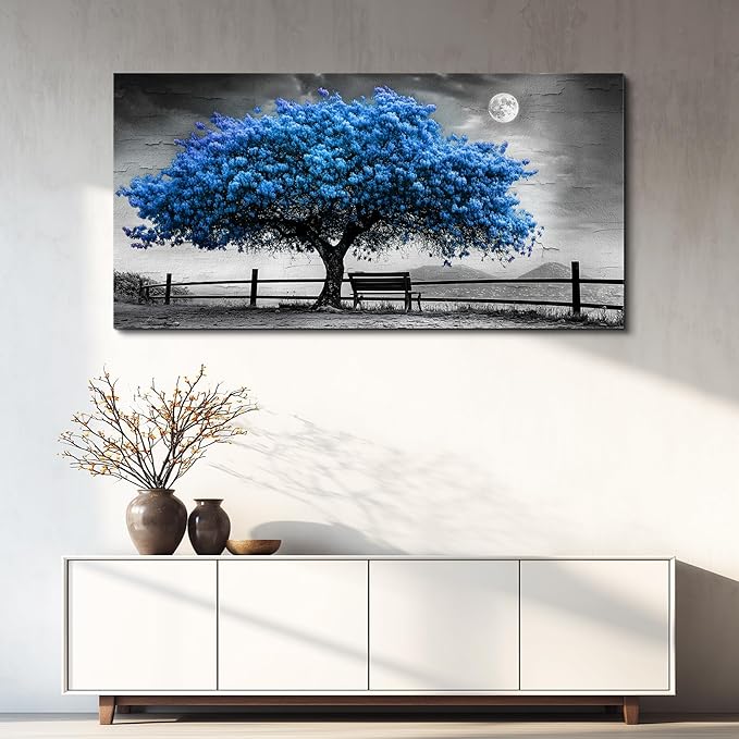 FUHAIHUA Canvas Wall Art For Living Room Wall Decor For Bedroom Office Wall Decoration Black And White Landscape Painting Blue Tree Pictures Artwork Room Aesthetic Home Decor 20x40 In