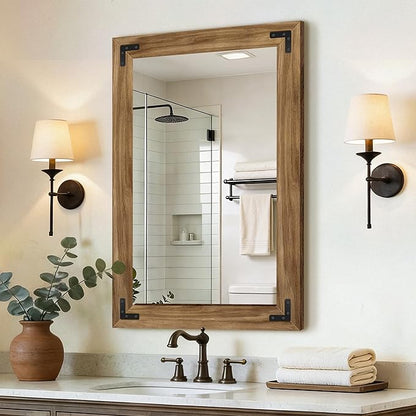 Wood Bathroom Mirror for Wall, 24"x36" Rustic Farmhouse Wood Framed Mirror for Bathroom Sink, Entryway, Living Room, Bedroom