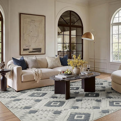 PureCozy Moroccan 4x6 Area Rug for Living Room Blue Grey Washable Checkered Shag Bedroom Carpet Non Slip Soft Neutral Boho Modern Throw Rug Entryway Office Kitchen Dining Room Nursery