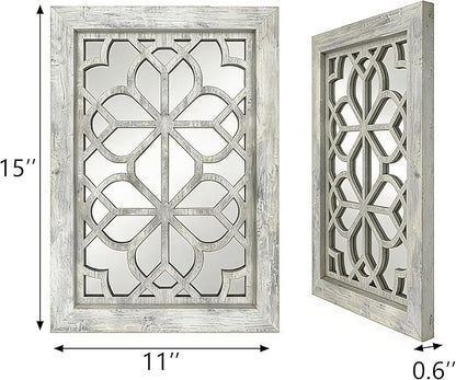 Set of 2 11x15 Inch Rectangular Shatterproof Grey Decorative Wall Mirrors, Boho Farmhouse Rustic Vintage Accent Mirrors for Living Room Bedroom Entryway & Home Decor