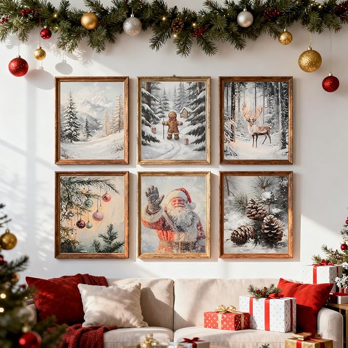 WINDVALE Christmas Wall Art Prints –Vintage Holiday Posters with Santa Claus, Reindeer, Rustic Winter Scene Wall Decor for Living Room, Bedroom, Fireplace & Entryway (8x10 Unframed)