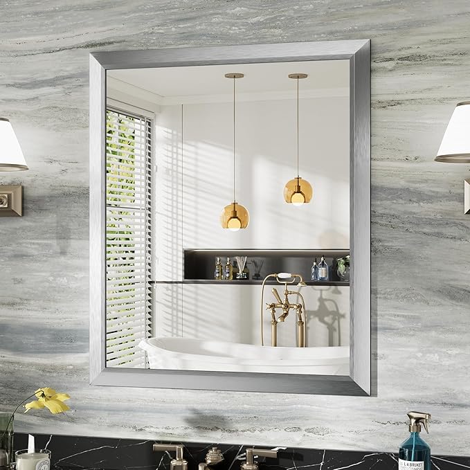 36x30 Inch Brushed Silver Bathroom Mirror for Wall, Thick Metal Framed Rectangle Mirrors for Over Sink, Bedroom, Living Room, Entryway, Anti-Rust, HD Tempered Glass
