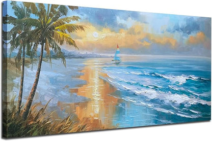 Enartly 3D Textured Seascape Wall Art for Living Room, Ocean Nature Coconut Tree Landscape Canvas Painting Artwork Framed Bedroom Bathroom Hallway Home Office Wall Decor, 48"x24"