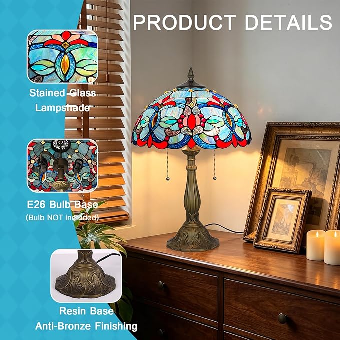 ARTZONE Tiffany Table Lamp[W16''xH24''], Tiffany Table Lights Antique Stained Glass Bedside Table Lamp for Bedside/Desk Reading/Living Room/Home Office/Bedroom