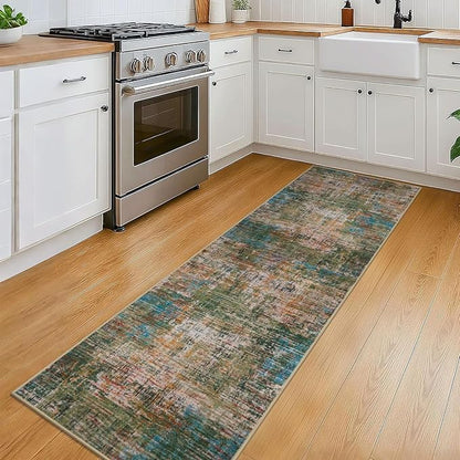KILOCOCO Modern Abstract Runner Rug 2x6 ft Washable Hallway Runner Rug Non Slip Soft Pinted Kitchen Runners for Hallways Entryway Bedside Laundry Room Floor Runners, Green/Orange/Blue