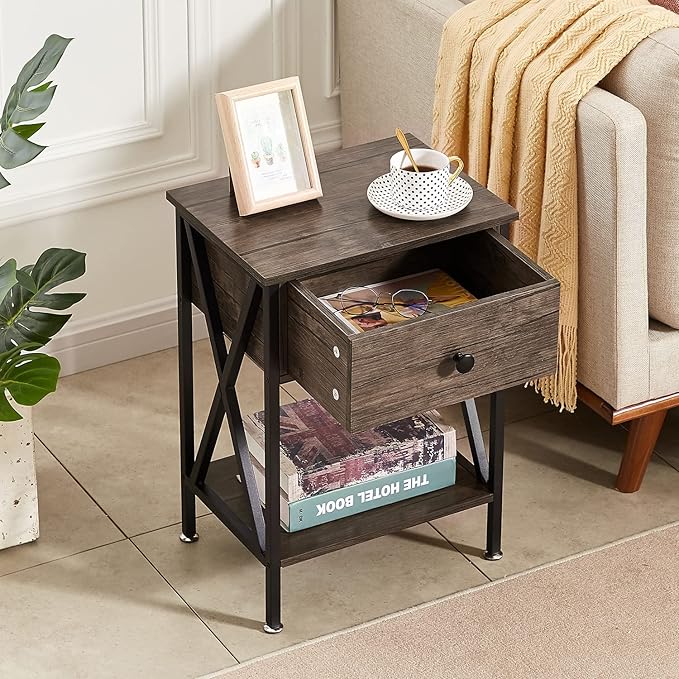 VECELO Nightstand,Modern Bedside End Table, Night Stand with Drawer and Storage Shelf for Living Room Bedroom, Industrial Metal Frame