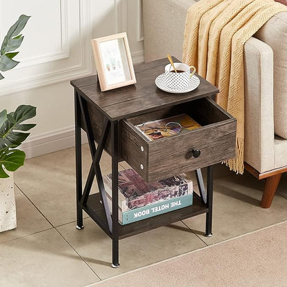 VECELO End Tables, Modern Nightstand with Drawer & Shelf, Night Stand for Bedroom Living Room,Industrial Metal Frame