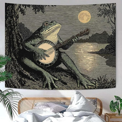 Leeisysme Funny Frog Tapestry, Boho Vintage Wall Hanging with Playing Banjo, Aesthetic Meme Decor for Bedroom Dorm Living Room, 60x80 inches