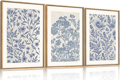 Large Classic Chinoiserie Flower Framed Canvas Wall Art Set,Minimalist Blue and White Floral Wall Decor,Navy Watercolor Botanical Blossom Artwork for Living Room,Bedroom-16 x24 x3