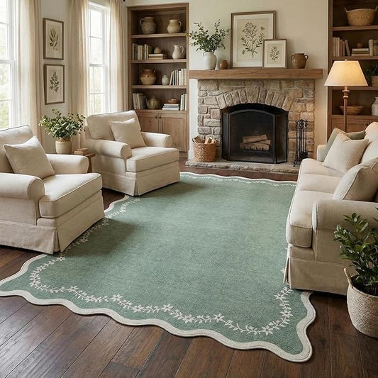 GarveeHome 6x9 Scalloped Area Rug Sage Green Washable Rugs for Living Room Bedroom, Soft Low Pile Non Slip Accent Floor Mat Solid Floral Print Throw Rug Farmhouse Indoor Carpet for Dorm Playroom