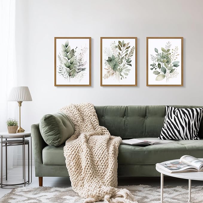 HLXRAE Watercolor Botanical Wall Art Set of 3, Neutral Sage Green Bathroom Wall Decor, Modern Floral Canvas Paintings, Minimalist Farmhouse Poster Prints for Bedroom Living Room Wood Framed 12x16 Inch