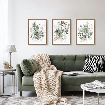 HLXRAE Watercolor Botanical Wall Art Set of 3, Neutral Sage Green Bathroom Wall Decor, Modern Floral Canvas Paintings, Minimalist Farmhouse Poster Prints for Bedroom Living Room Wood Framed 12x16 Inch