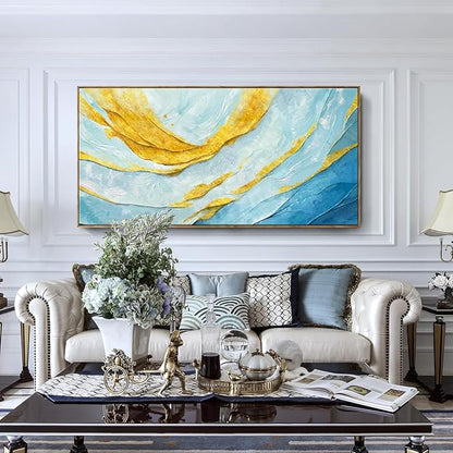 Nicetop Extra Large Framed Abstract Canvas Wall Art – Blue Gold Modern Oversized Picture Flowing Lines Art Print – Horizontal Wall Decor with Wood Frame for Living Room Bedroom Home Office 58x29Inch