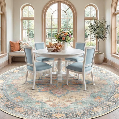RELEANY Area Rugs Round 8ft Washable Non-Slip, Floral Vintage Distress Print Pattern Medallion Carpet for Living Room Bedroom Dining Room, Blue Orange Red