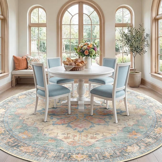 RELEANY Area Rugs Round 8ft Washable Non-Slip, Floral Vintage Distress Print Pattern Medallion Carpet for Living Room Bedroom Dining Room, Blue Orange Red