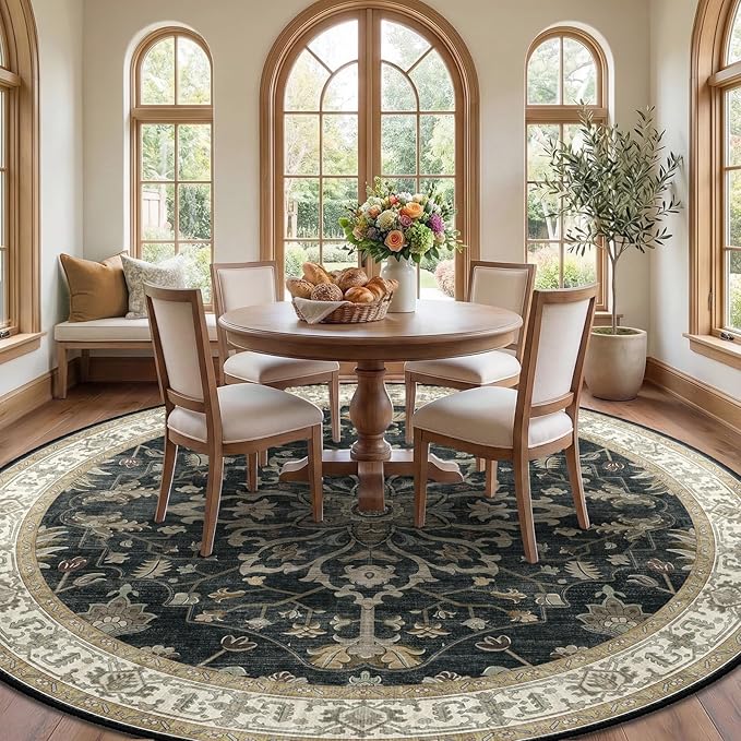 RELEANY Area Rugs Round 10ft Washable Non-Slip, Floral Vintage Distress Print Pattern Medallion Carpet for Living Room Bedroom Dining Room, Vintage Black Brown Neutral