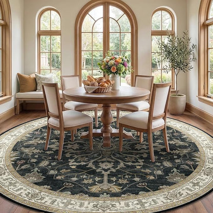 RELEANY Area Rugs Round 10ft Washable Non-Slip, Floral Vintage Distress Print Pattern Medallion Carpet for Living Room Bedroom Dining Room, Vintage Black Brown Neutral