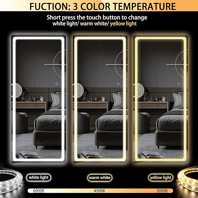 Hasipu Full Length Mirror with Lights, 65" x 22" LED Floor, Full Body Dressing Standing, Hanging Mounted Mirror, Round White