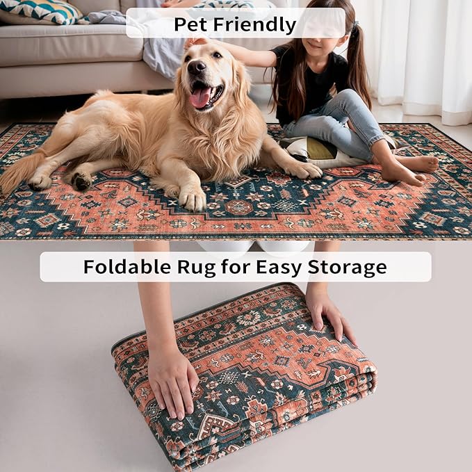 Tangsoo Vintage 3x5 Area Rug for Bedroom Entryway,Oriental Washable Soft Low Pile Indoor Rugs,Boho Non-Slip Carpet for Living Room Bedside Entry Red Blue