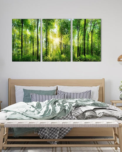 HLJ ART Forest Wall Art: 3 Panel Green Tree Pictures Canvas Wall Art, 20x30 Inch, Sunrise Prints Scenery Wall Art Hanging Wall Mural Nature Art Wall Decor for Bedroom, Living Room, Office