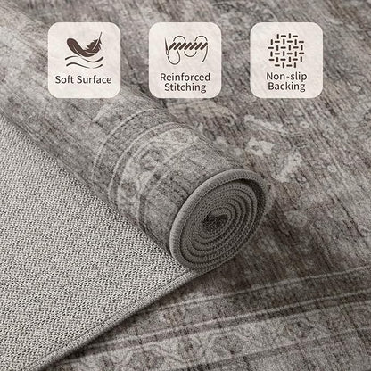 Rugxara 2x6 Runner Rug, Washable Kitchen Rugs, Grey Boho Vintage Floral Hallway Runner, Non Slip Low Pile Area Rug Carpet for Indoor Hallway, Kitchen, Laundry Room and Bathroom(Taupe/Grey 2x6ft)