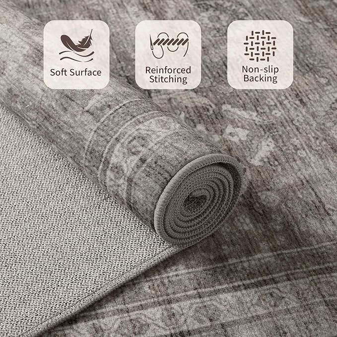 Rugxara 9x12 Area Rugs for Living Room Bedroom, Large Washable Rug, Grey Vintage Retro Boho Rug, Non Slip & Low Pile Faux Wool Thin Carpet for Indoor Dining Room and Kids Room(Taupe/Grey 9x12ft)