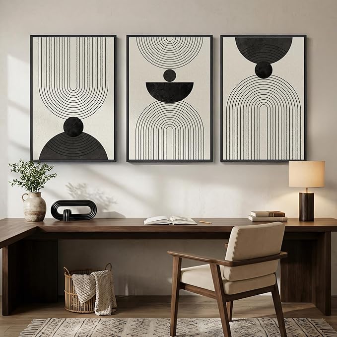 Large Framed Boho Abstract Wall Art for Living Room, 3 Piece Black and White Modern Minimalist Canvas Artwork for Walls, Bauhaus Geometric Prints Wall Decor for Bedroom Home Office Hallway, 24x36 Inch