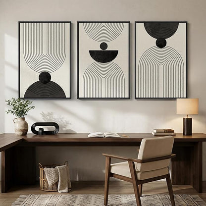 Large Framed Boho Abstract Wall Art for Living Room, 3 Piece Black and White Modern Minimalist Canvas Artwork for Walls, Bauhaus Geometric Prints Wall Decor for Bedroom Home Office Hallway, 24x36 Inch