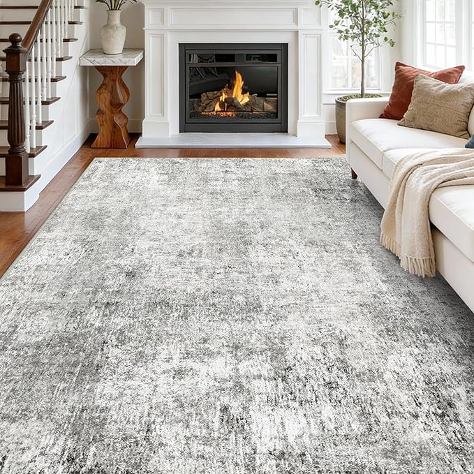 RELEANY Washable Area Rugs 8'x10' Non-Slip Modern Abstract Soft for Living Room Entryway Bedroom Nursery, Print Pattern, Gray White Grey