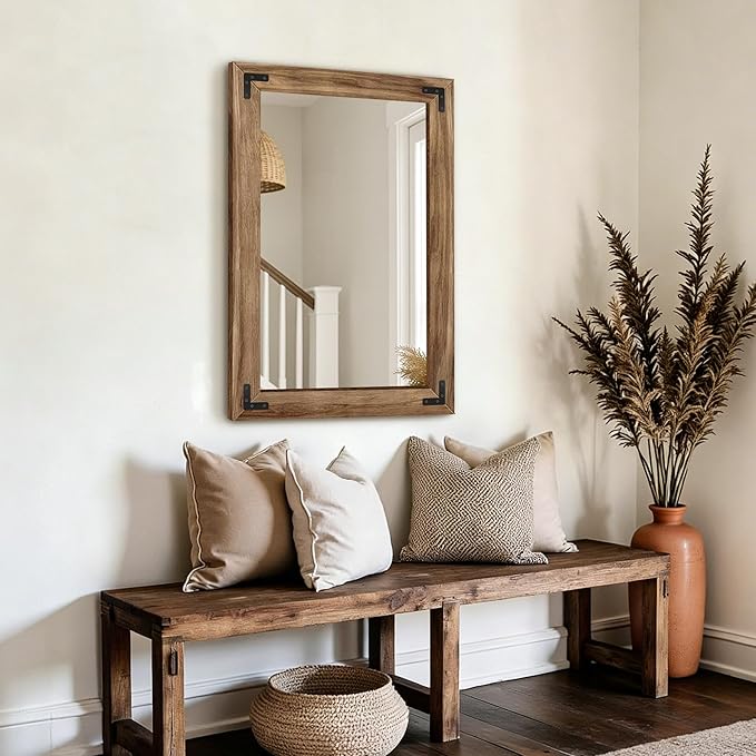 AMOISE Farmhouse Bathroom Vanity Mirror, 36" x 24" Wood Frame Wall Mirror, Vintage Rustic Decor for Entryway, Bedroom, Living Room, Vertical or Horizontal Hanging