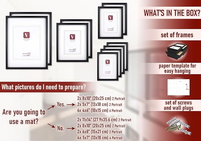 10 Piece Shadow Box Style Gallery Wall Frame Set – Deep Photo Frame Set with Mat for 8x10, 5x7 and 4x6 - Multiple Sizes Picture Frame Set for Wall Collage – Assorted Picture Frames for Wall (Black)