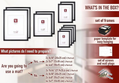 10 Piece Shadow Box Style Gallery Wall Frame Set – Deep Photo Frame Set with Mat for 8x10, 5x7 and 4x6 - Multiple Sizes Picture Frame Set for Wall Collage – Assorted Picture Frames for Wall (Black)