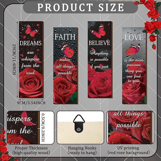 Qunclay 4 Pcs Red Bathroom Decor Red Rose Wooden Wall Decor Dream Faith Believe Love Inspirational Quote Wooden Sign Rustic Floral Butterfly for Women Home Bathroom Bedroom Living Room