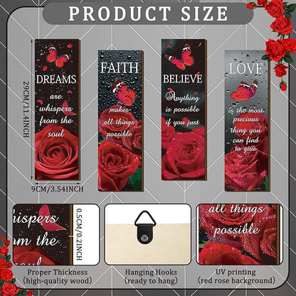 Qunclay 4 Pcs Red Bathroom Decor Red Rose Wooden Wall Decor Dream Faith Believe Love Inspirational Quote Wooden Sign Rustic Floral Butterfly for Women Home Bathroom Bedroom Living Room