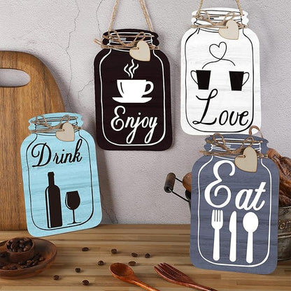 Yalikop 4 Pcs Wooden Kitchen Wall Decor Mason Jar Shaped Eat Drink Enjoy Love Hanging Sign Rustic Home Decor for Farmhouse Dining Room, 8 x 5 Inch(Retro Style,Gray, White, Blue, Dark Brown)